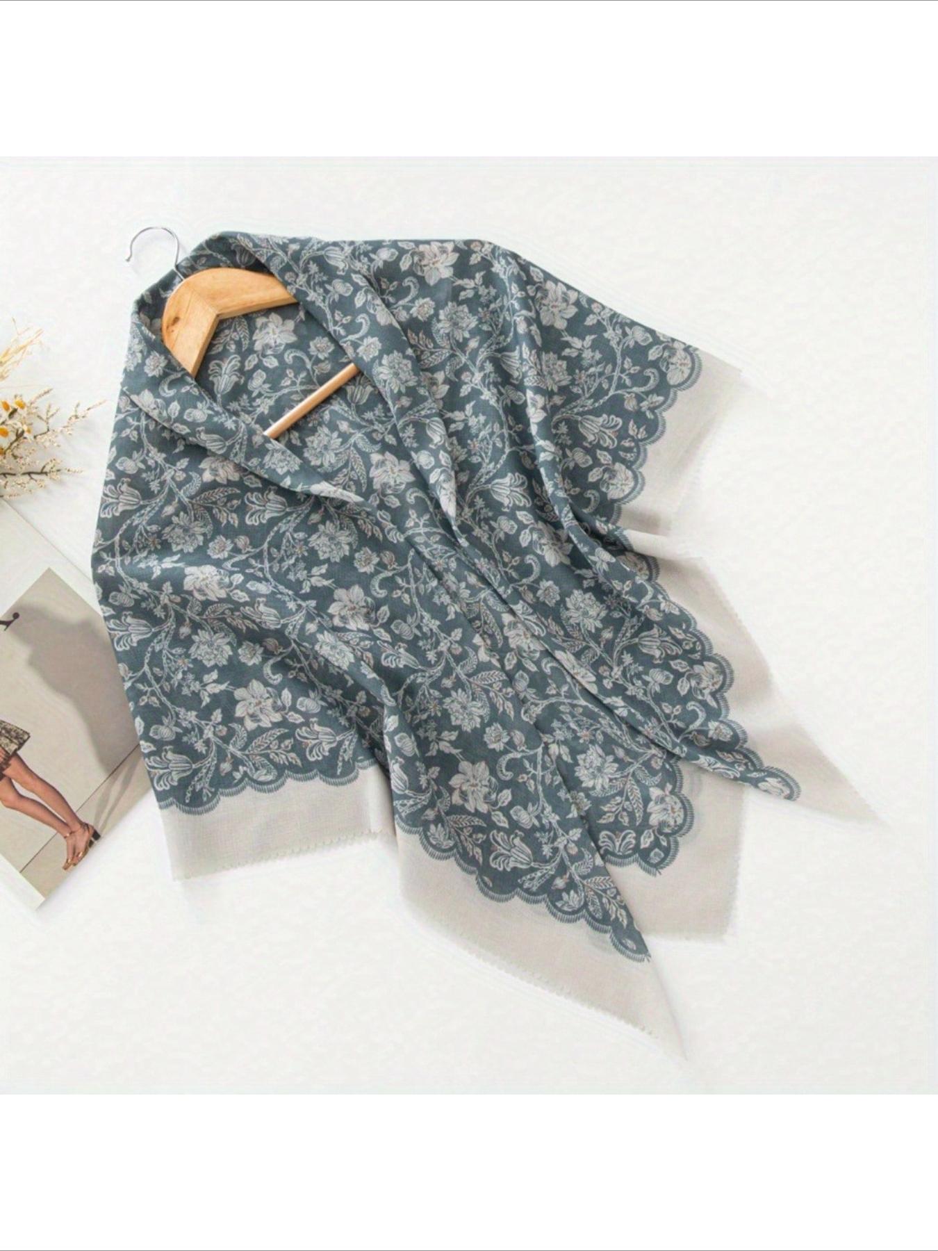 1pc 110*110cm Laser Cut Edging White Dainty Floral Print Large Square Bandana, New Bohemian Style Linen Soft Light Breathable Wavy Hem Head Wrap Hijab Shawl Floral Combination Print Balinese Chiffon Square Bandana Shawl