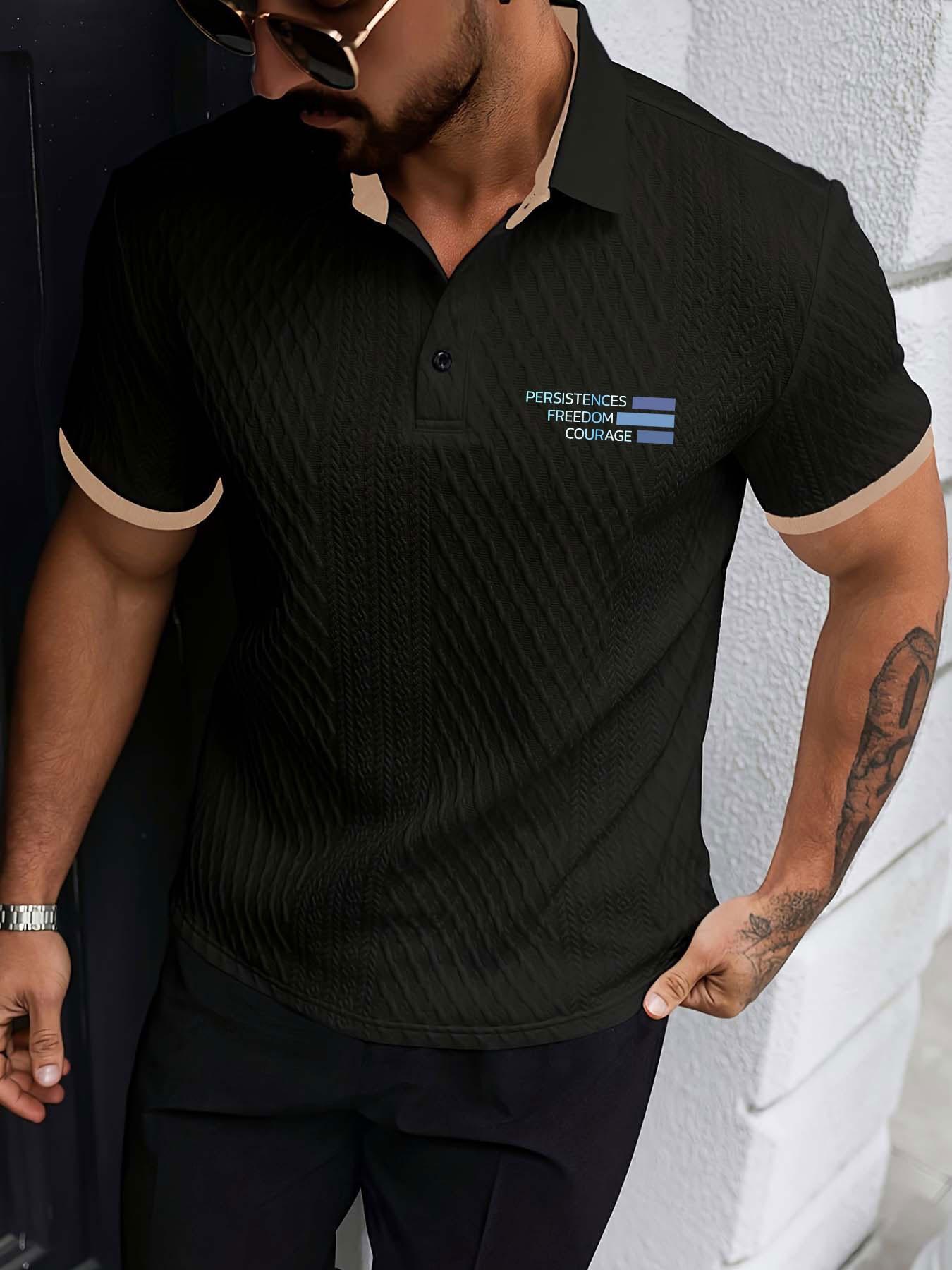 Men's Colorblock Polo Shirt with Textured Pattern, Button Short Sleeve, Geometric and Letter Print, Casual Daily Wear