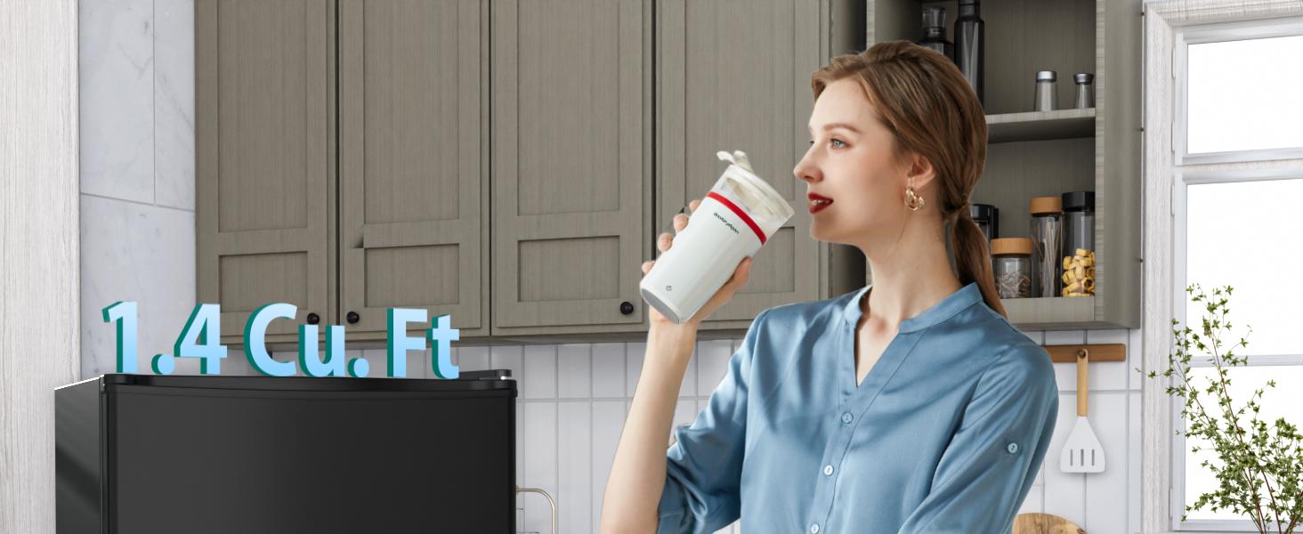 Antarctic Star Compact Refrigerator Mini Fridge with Freezer, Single Reversible Door, Dorm Fridge, Removable Glass Shelf, Defrost Button, for Bedroom, Office, Garage, 1.4 Cu. Ft, Black