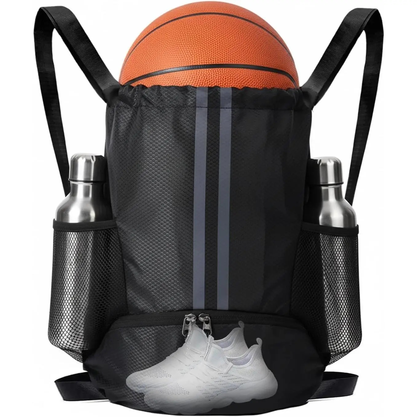 Sports Drawstring Backpack with Shoes Compartment, String Gym Bag with Wet Proof Pocket for Basketball, Soccer, Swim, Black Sport Bag for Men and Women