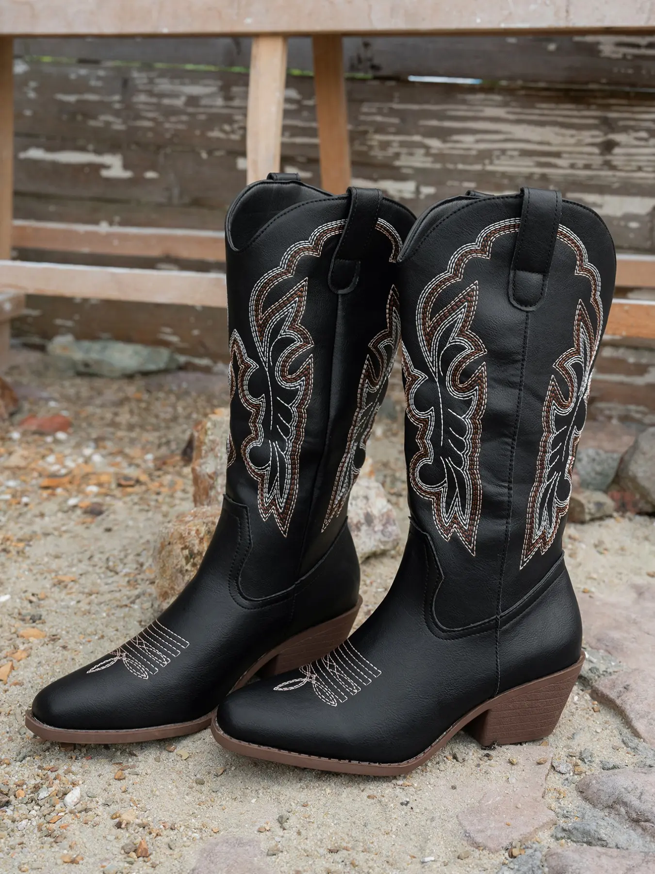 Women's Mid-Calf Boots, PU Leather, Embroidered Wingtip, Chunky Heel, Block Heel Boots, Western Style, Fall & Winter, Casual, Party, Commute