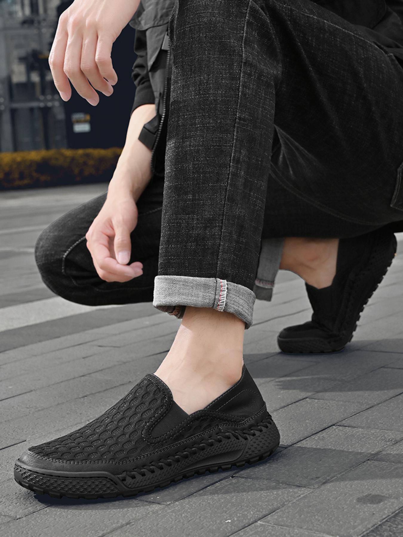 Men's Solid Color Mesh Breathable Slip-On Loafers, Soft Sole Anti-Slip Hand-Stitched Walking Shoes, Lightweight Casual Dad Shoes