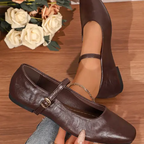 Square toe flat Mary Jane shoes with buckle strap. Retro textured upper, simple and versatile elegant flat leather shoes for women.