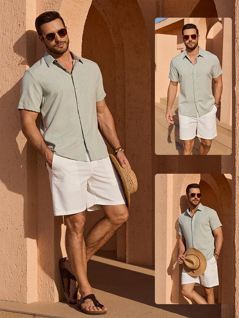 Alimen Mens Linen Shirts Short Sleeve Dress Shirts for Men Lightweight Breathable Linen Fabric Comfortable, Beach Vacation Summer Party Wedding Casual Button Down Shirts Spread Collar Linen Shirts for Men