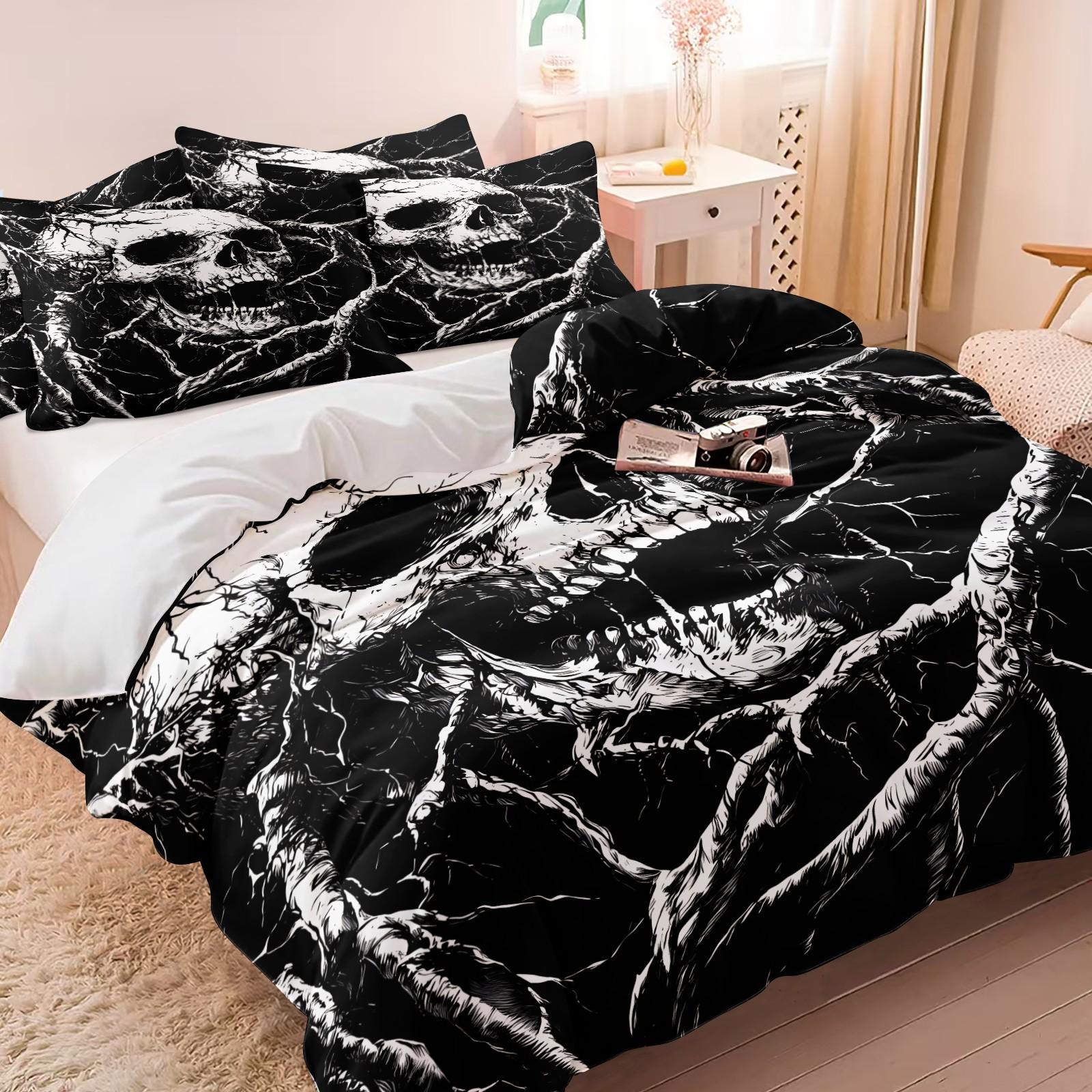 Black White Horror Skull Decorative Duvet Cover Set 3 Pieces No Filler, 1 Duvet Cover + 1-2 Coreless Pillowcases, Vintage Twisted Root Skeleton Print, Breathable Soft Comfy Dark Gothic Bedroom Bedding