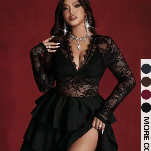 【Black Friday】Plus Size Sheer Contrast Lace Dress, Deep V Neck Long Sleeve Cinched Waist Cake Dress for Parties, Sexy Evening Wear #GLOBAL PICKS