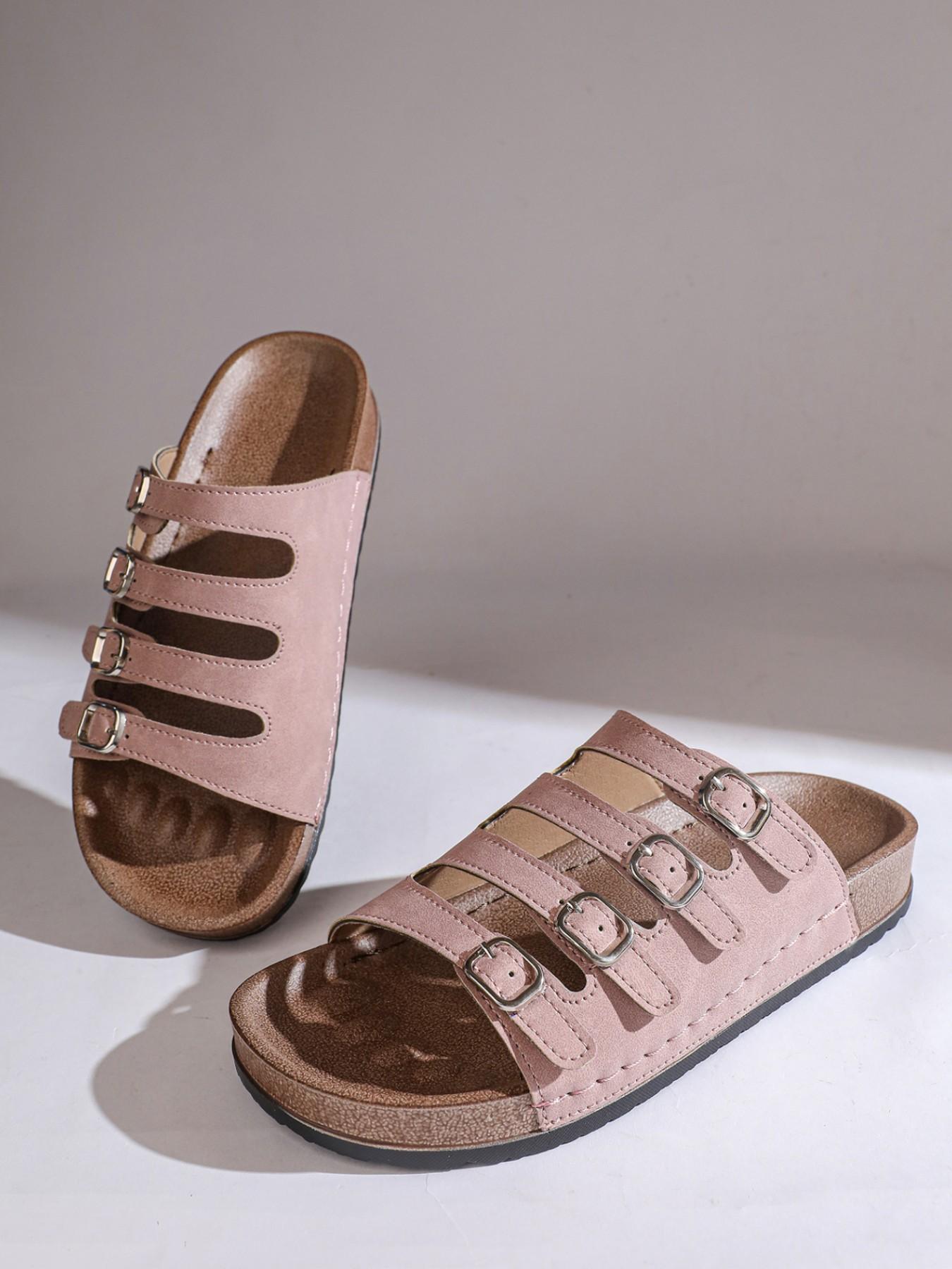 Plus Size Women's 4 Straps Buckle Cork Footbed Slides, Non-slip Open Toe Flat Sandals, Comfortable Summer Casual Shoes for Outdoor, Beach, Walking