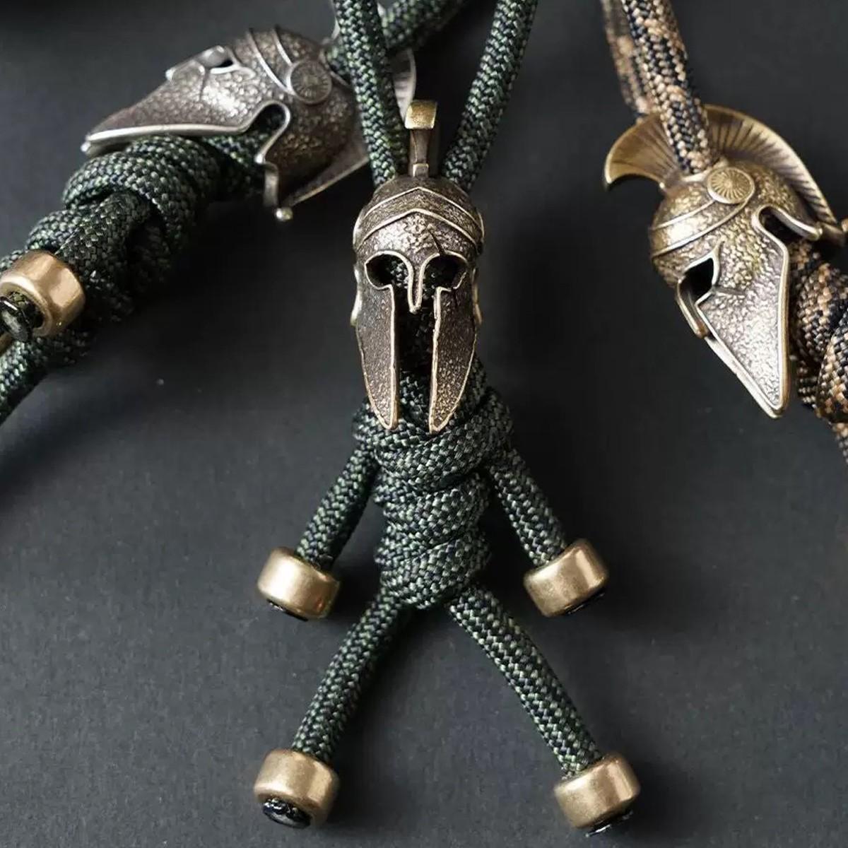 Spartan Warrior Paracord Keychain 2 Pack, Vintage Brass Helmet, Tactical Edc Car Key Holder, Outdoor Camping Gift for Men