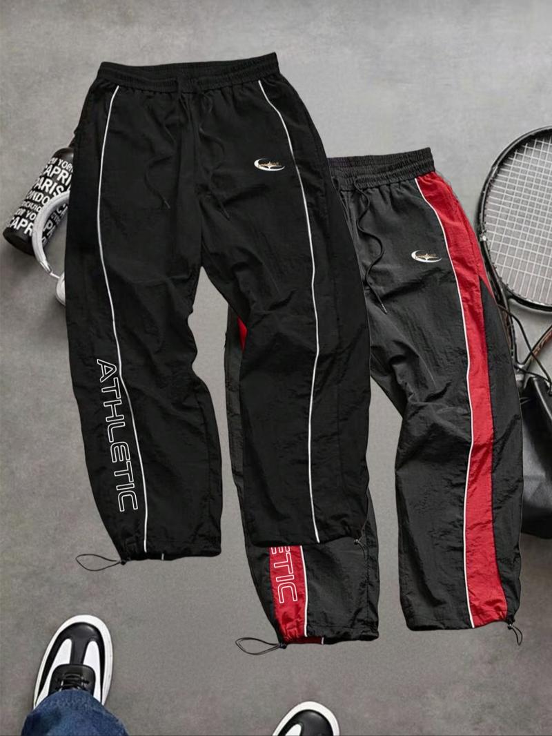 Men's Fashion Casual Sports Pants, Unique Print, Taslon Fabric, Lightweight Breathable, Side Stripes, Drawstring Waist, Adjustable Elastic Cuffs, Athletic Running Pants