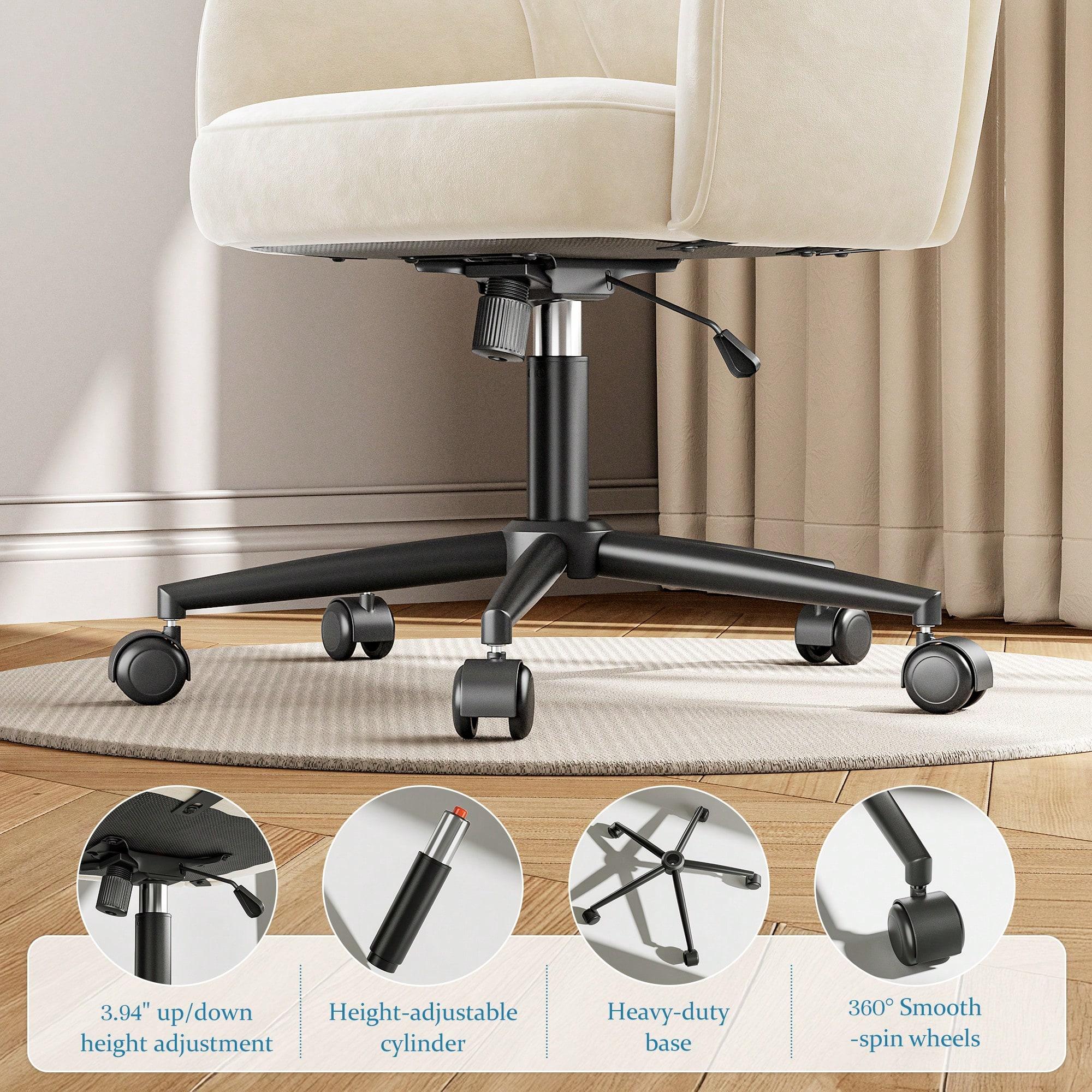 Vanity Swivel Chair with Wheels and Backrest, Adjustable Height Comfy Upholstered Desk Chair, Modern Cute Ergonomic Office Chair, 360° Swivel Leisure Makeup Chair for Bedroom Dressing Room Home Office, Black