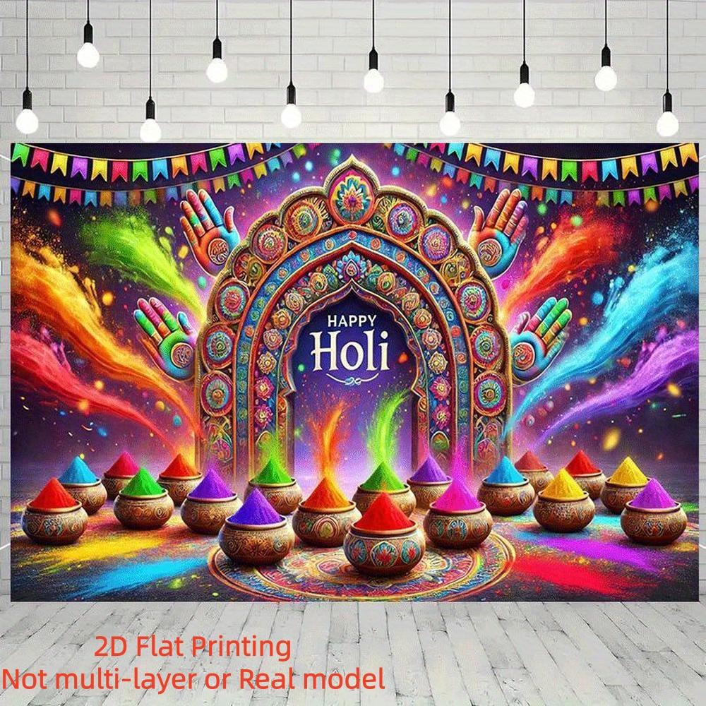 2D Flat Banner Vibrant Holi Festival Celebration Backdrop, Traditional Indian Design on Colorful Polyester Banner for Indoor & Outdoor Parties, Home & Garden Events