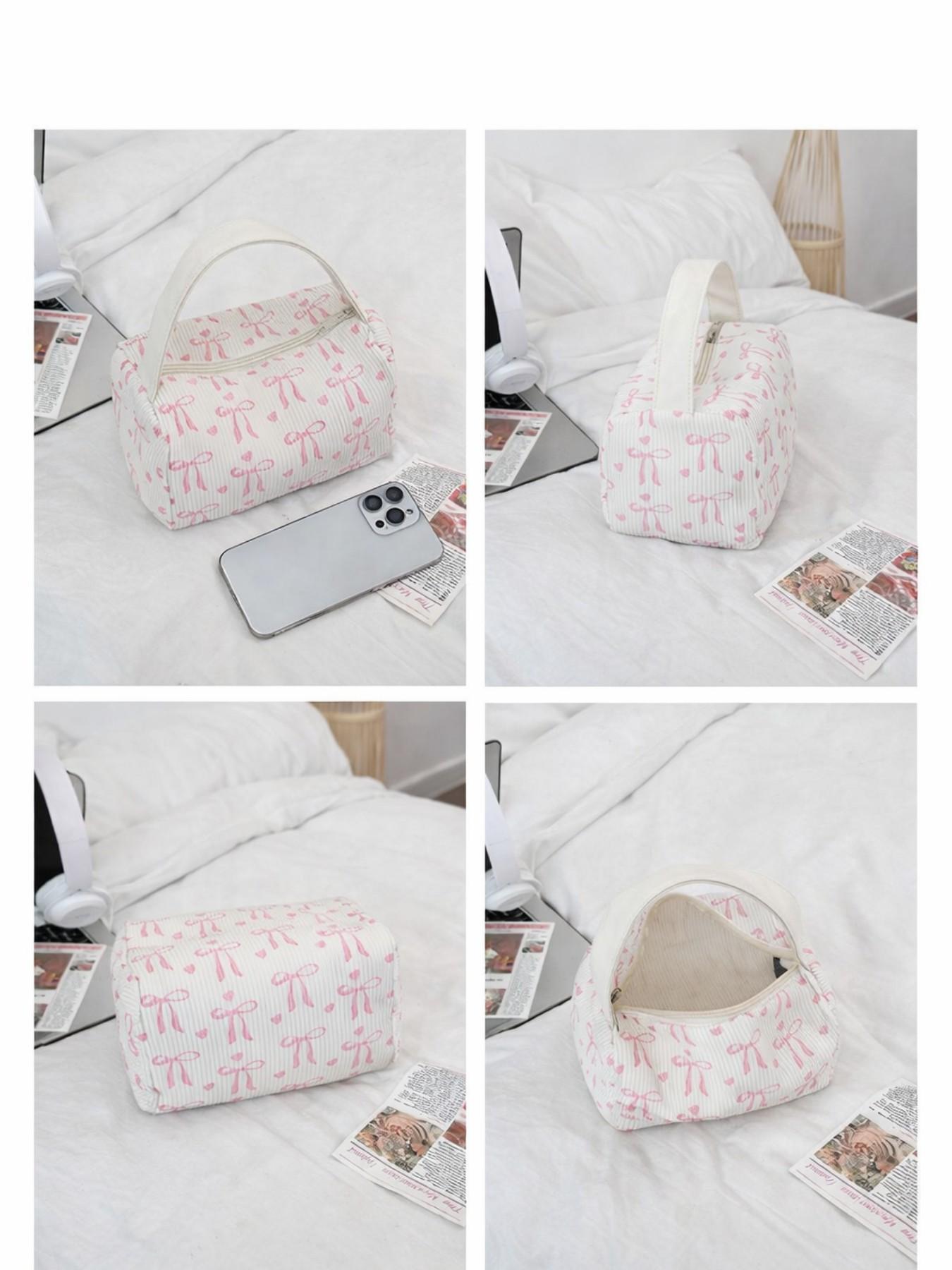 2026 Cute Pink Bow Makeup Bag, Corduroy Cosmetic Organizer Pouch, Large Capacity Travel Toiletry Bag, Portable Vanity Case for Girls