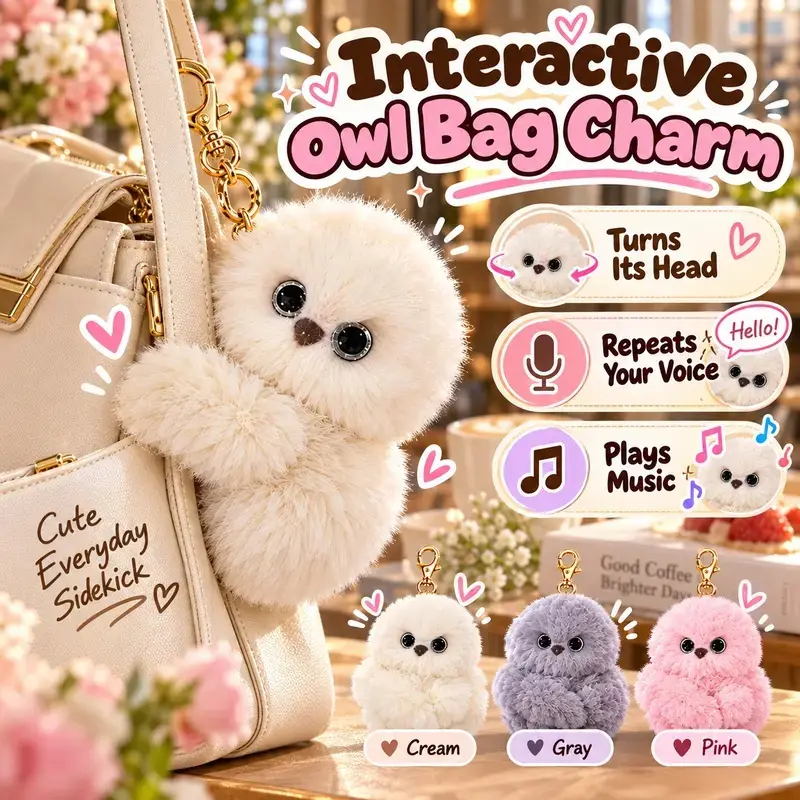 Interactive Owl Bag Charm, Talking Plush Toy with Head Turning & Voice Repeat Function, Cute Hanging Backpack Accessory Gift for Kids & Adults