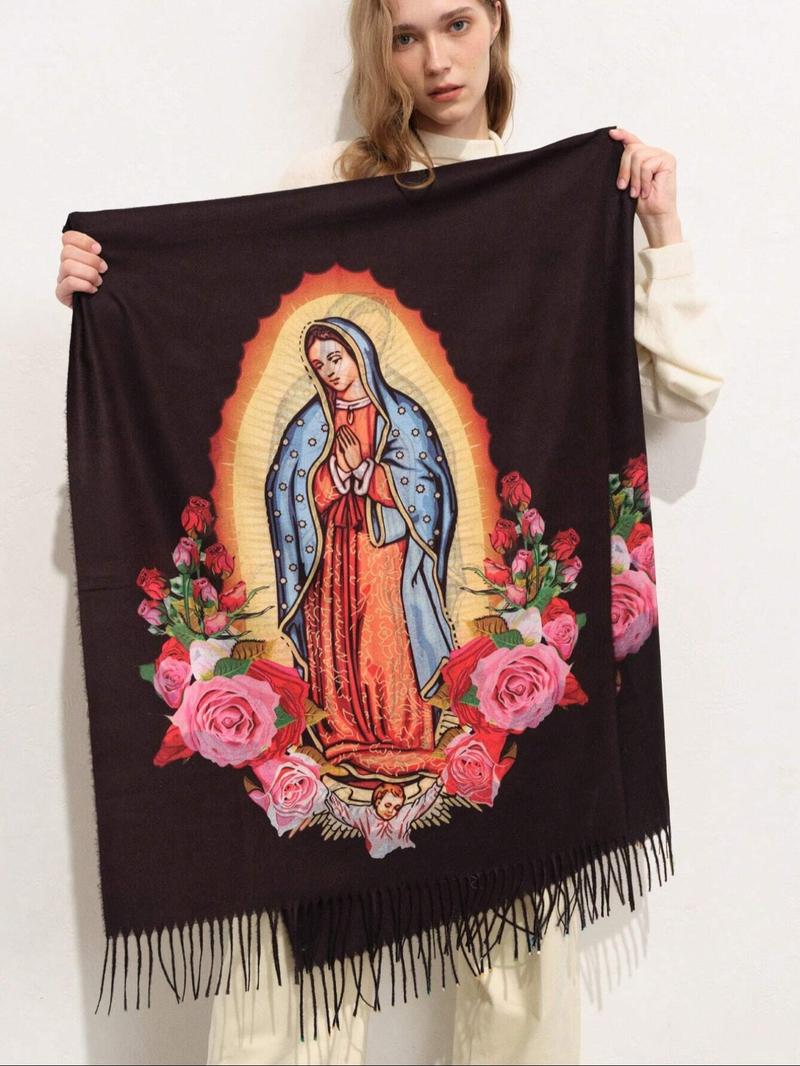 Elegant Printed Polyester Scarf with Tassel Fringe, Shawl Wrap for Women, Windproof & Warm, Perfect for Parties & Gifts, Tassel Decor Shawl