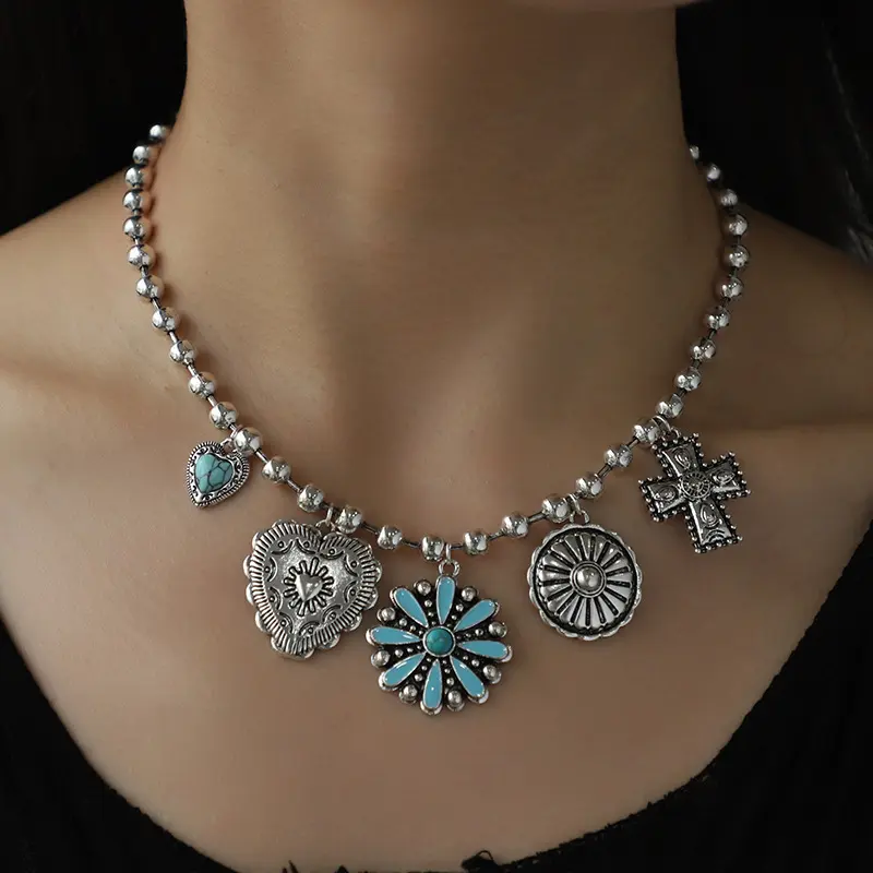 Personalized Turquoise Wax Rope Cross Necklace, Embossed Vintage Cross Jewelry, Embossed Cross