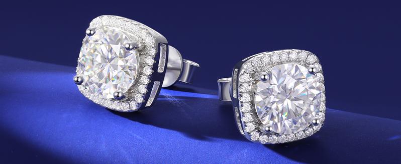 HELLOICE [Unisex] Moissanite Halo Square Stud Earrings 925 Sterling Silver Earrings 0.2Ct/0.6Ct/1.0Ct/1.6Ct/2Ct/4Ct Synthetic Moissanite Earrings Moissanite Jewerly Gift for Her Him