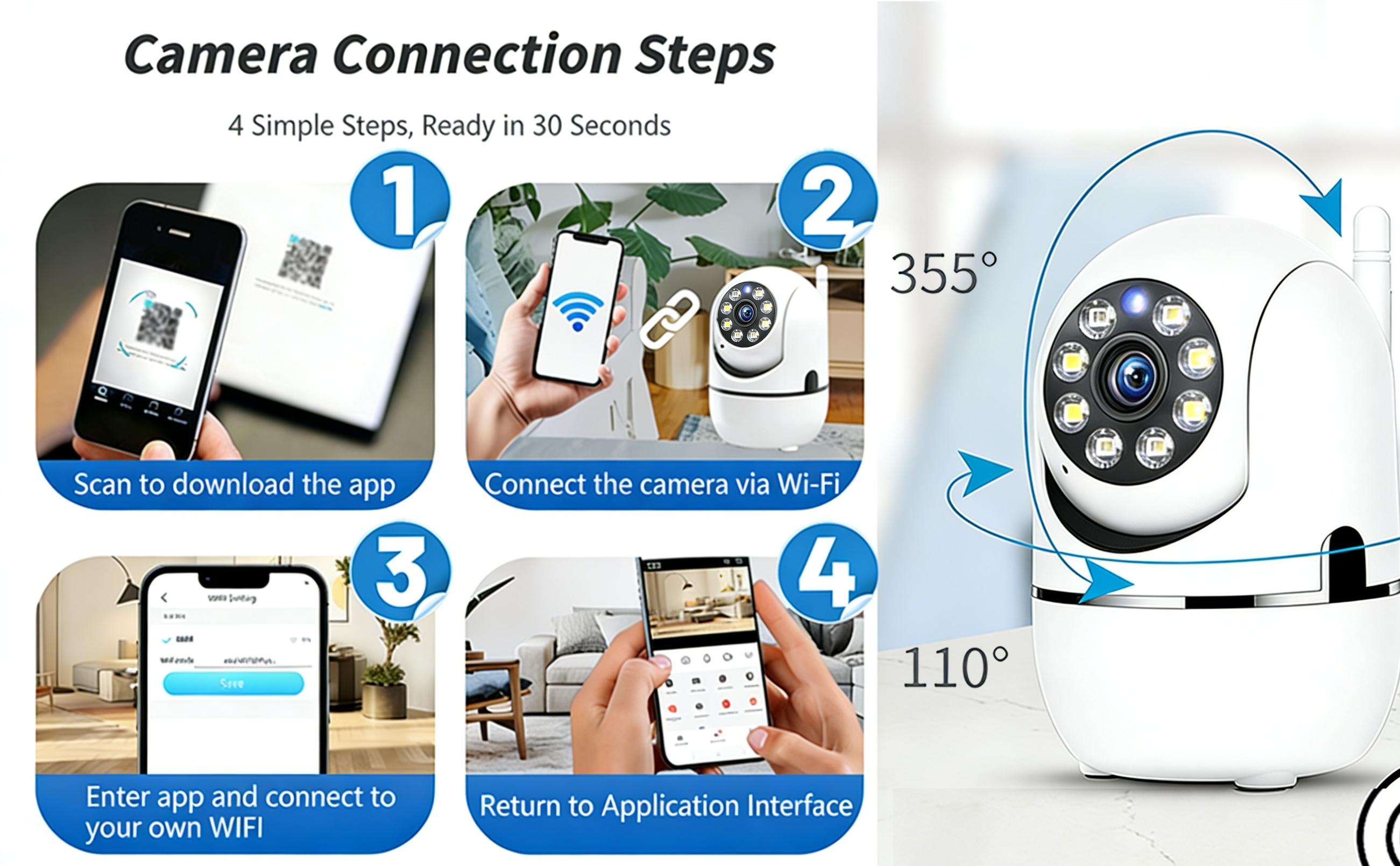 Security Camera with 355 Panoramic View 90 Vertical Tilt 2.4G WiFi Connected 8-Light Group Design Built in MIC and Speaker Two Way Voice Communication Motion Detection Alert Cloud Video Playback for Indoor Home Security Monitoring