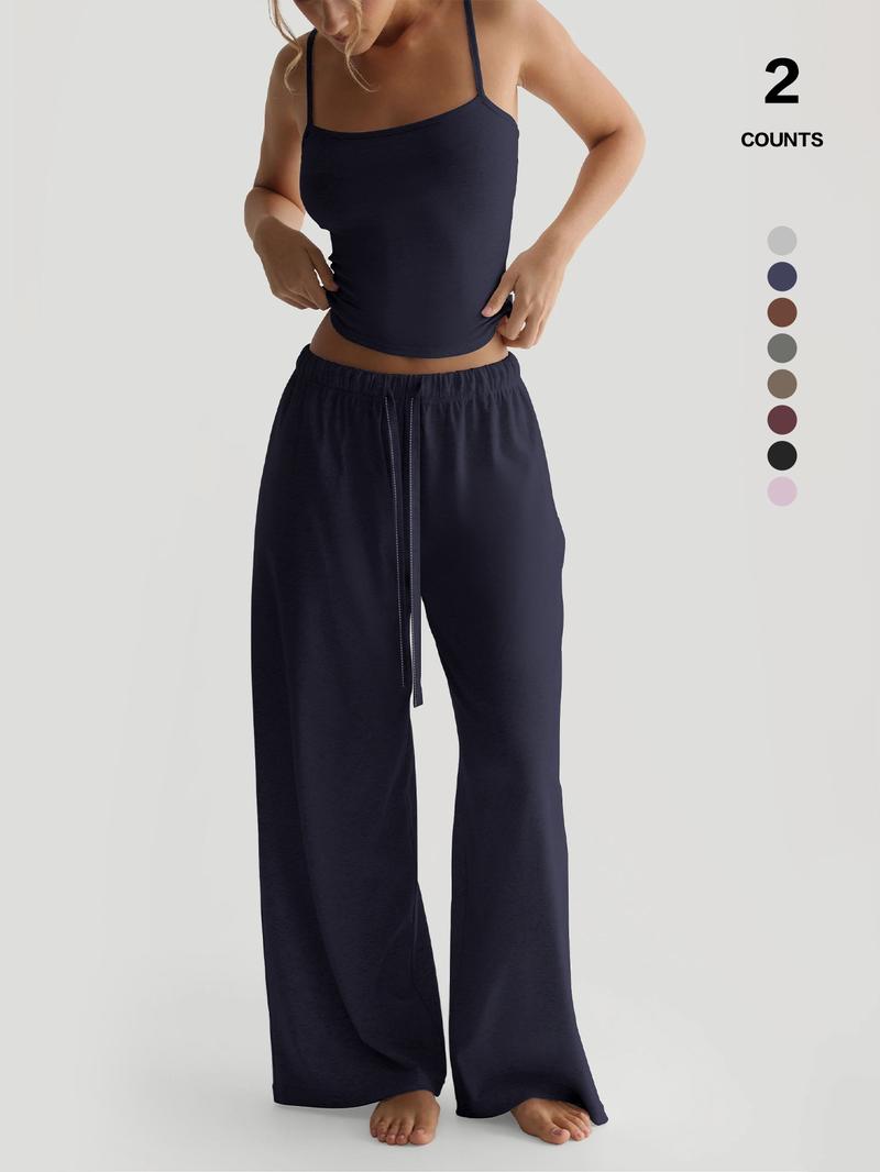 Women's Solid Cami Top & Wide Leg Pants Loungewear, Casual Comfy Pyjama Set for Women, Women's Sleepwear for Summer, Homewear, Pajamas
