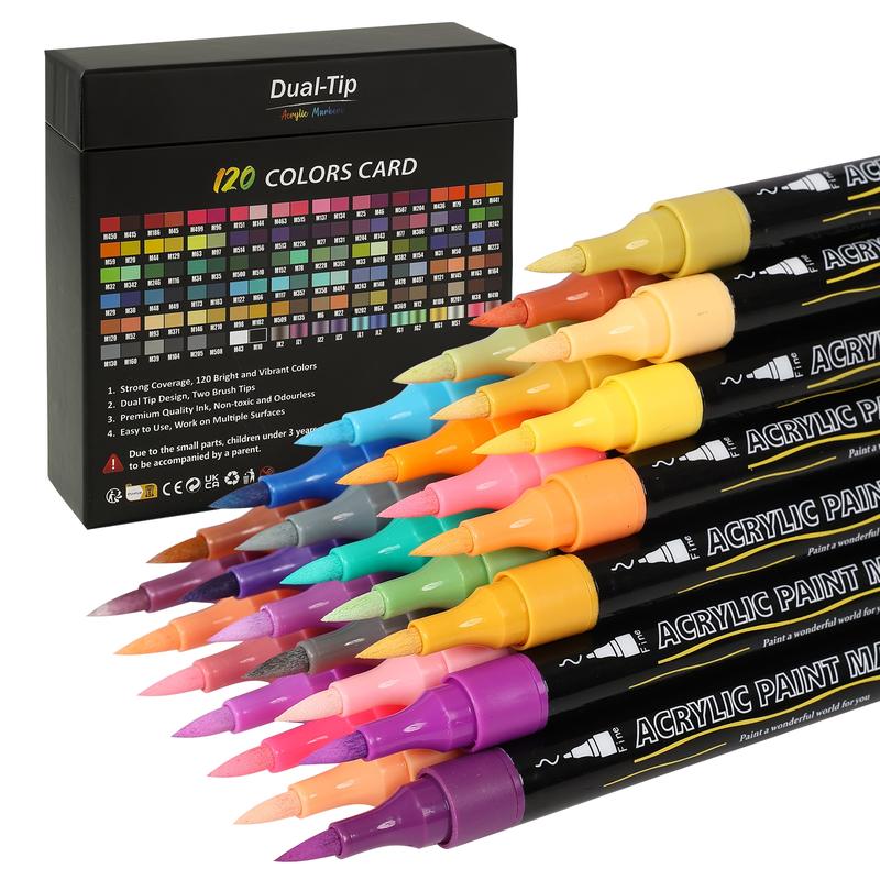 120 Color Acrylic Paint Pens Set, Dual Tip Markers for Art Drawing, Ideal for Rock Painting Wood Ceramic Plastic Handcrafts