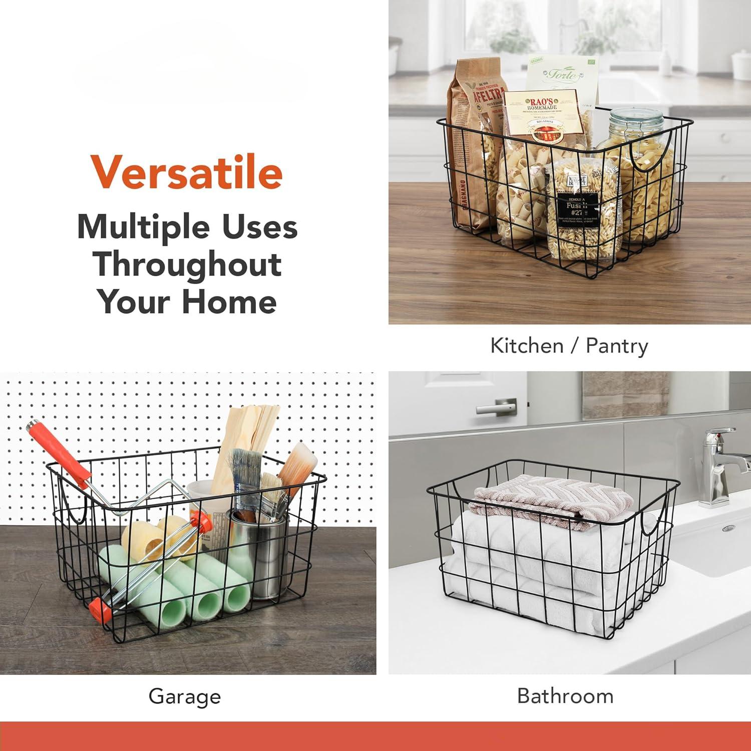 Large Wire Basket with Handle Black Metal Utility Storage Bin for Organizing Kitchen Pantry Cabinets Closet and Garage Shelves, Steel Metal Basket Storage Organizer Bin with Handle