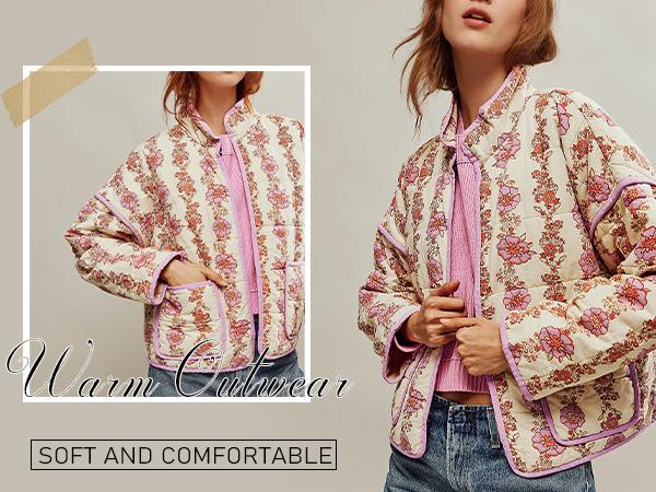 Songling Women's Cropped Puffer Jacket Lightweight Floral Printed Open Front Quilted Coat Winter Warm Outwear Outerwear Cardigans in Cotton Material Womenswear Comfy