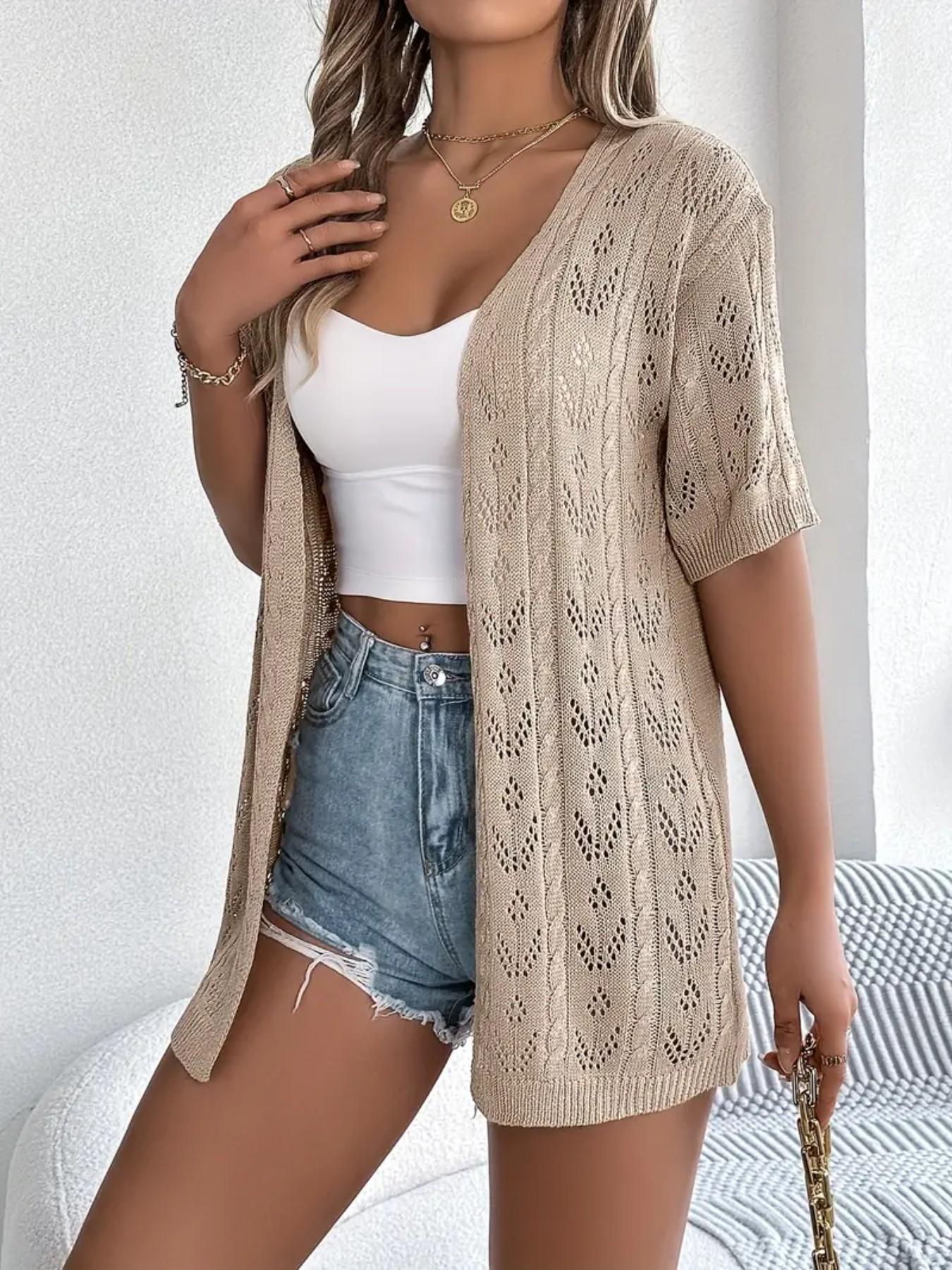 Women's Open Front Knit Cardigan, Hollow Out Rhombus Medium-Length, Casual Breathable Lightweight Short Sleeve Outerwear Tops, Summer Air Conditioning/beach Sun Protection Knitwear Knitting Fabric