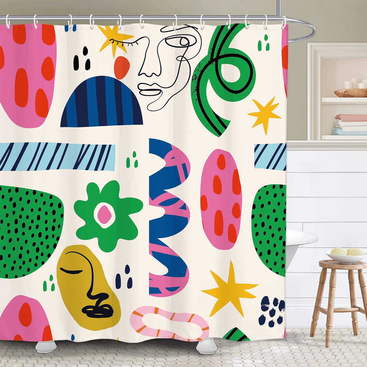 Abstract Face Line Art Shower Curtain, Colorful Pastel Modern Minimalist Aesthetic Contemporary Waterproof Bathroom Decor