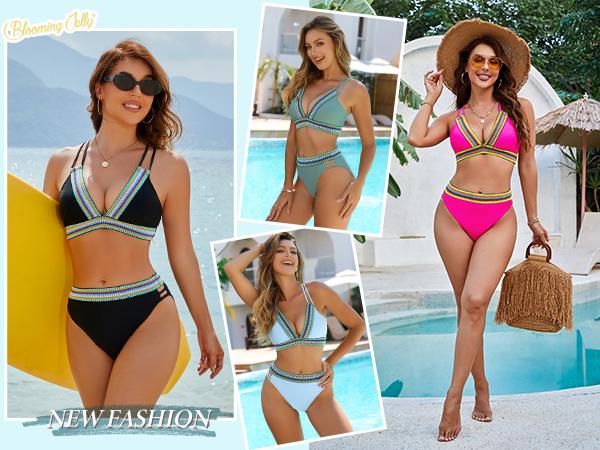 Blooming Jelly V Neck Crisscross Back Bathing Suit Womens High Waisted Color Block Two Piece Bikini Sets