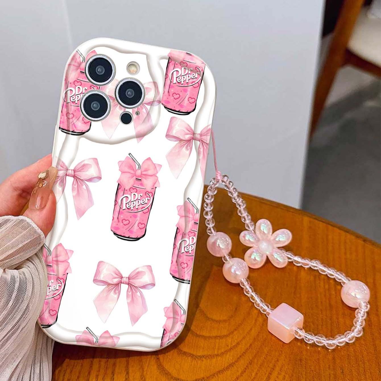 Drink Bow Strap Pattern Tpu Wave Edge Anti-Drop Phone Case for Apple iPhone 17 Pro Max/16/16 Pro Max/11/13/14/15, Girl's Gift