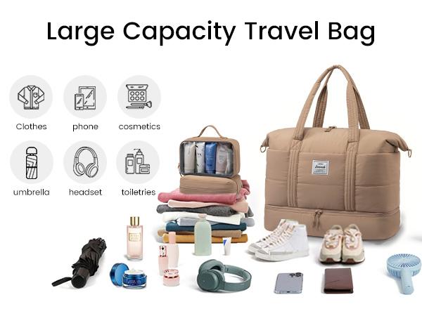 LOVEVOOK Travel Duffle Bag for Women, 3Pcs Puffer Large Weekender Overnight Bag with Shoe Compartment, Water Resistant Gym Duffel Bag, Carry on Bag for Hospital Delivery with Toiletry Organizer TikTokShopStockUp