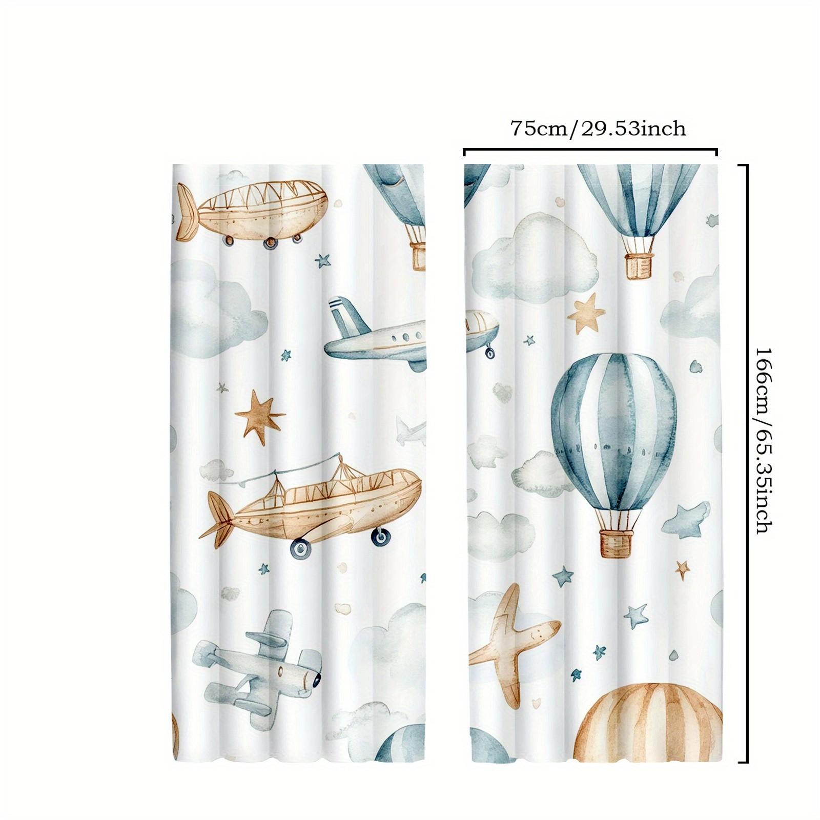 2pcs Cute Animal Curtains with Rainbow Hot Air Balloon & Airplane Design - 100% Polyester Semi-Translucent Rod Pocket Curtains for Bedroom & Living Room, Machine Washable Whimsical Decor, Living Room Curtains, Vintage Airplane Motif, Durable Fabric