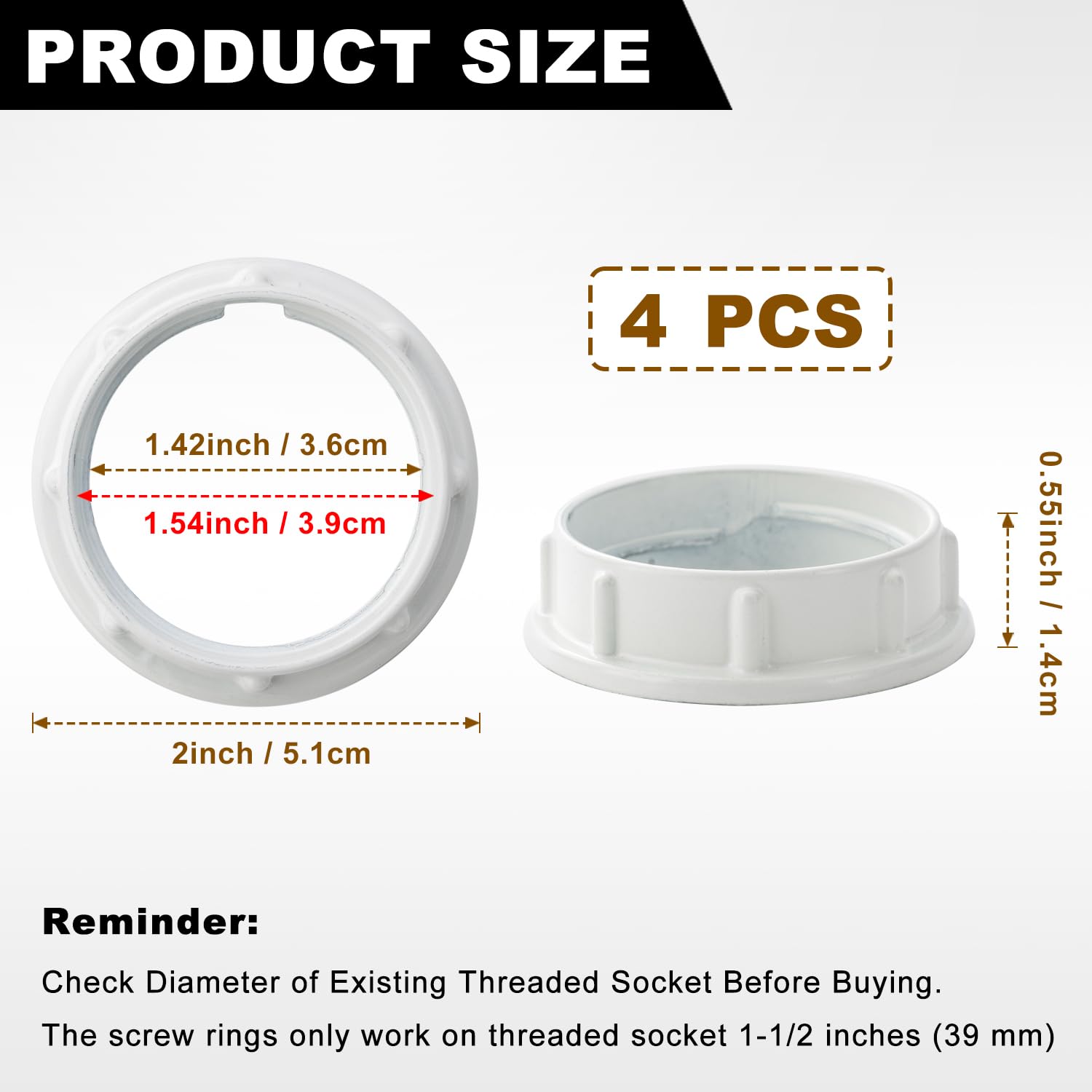 Light Socket Shade Ring - 4 count, E26 Ceramic Light Socket Ring,  Lamp Shade Adapter Ring for Pendant Light and Floor Lamps, Screw  Lamp Shades, Thread Diameter 1-1/2 Inches (36mm), , White