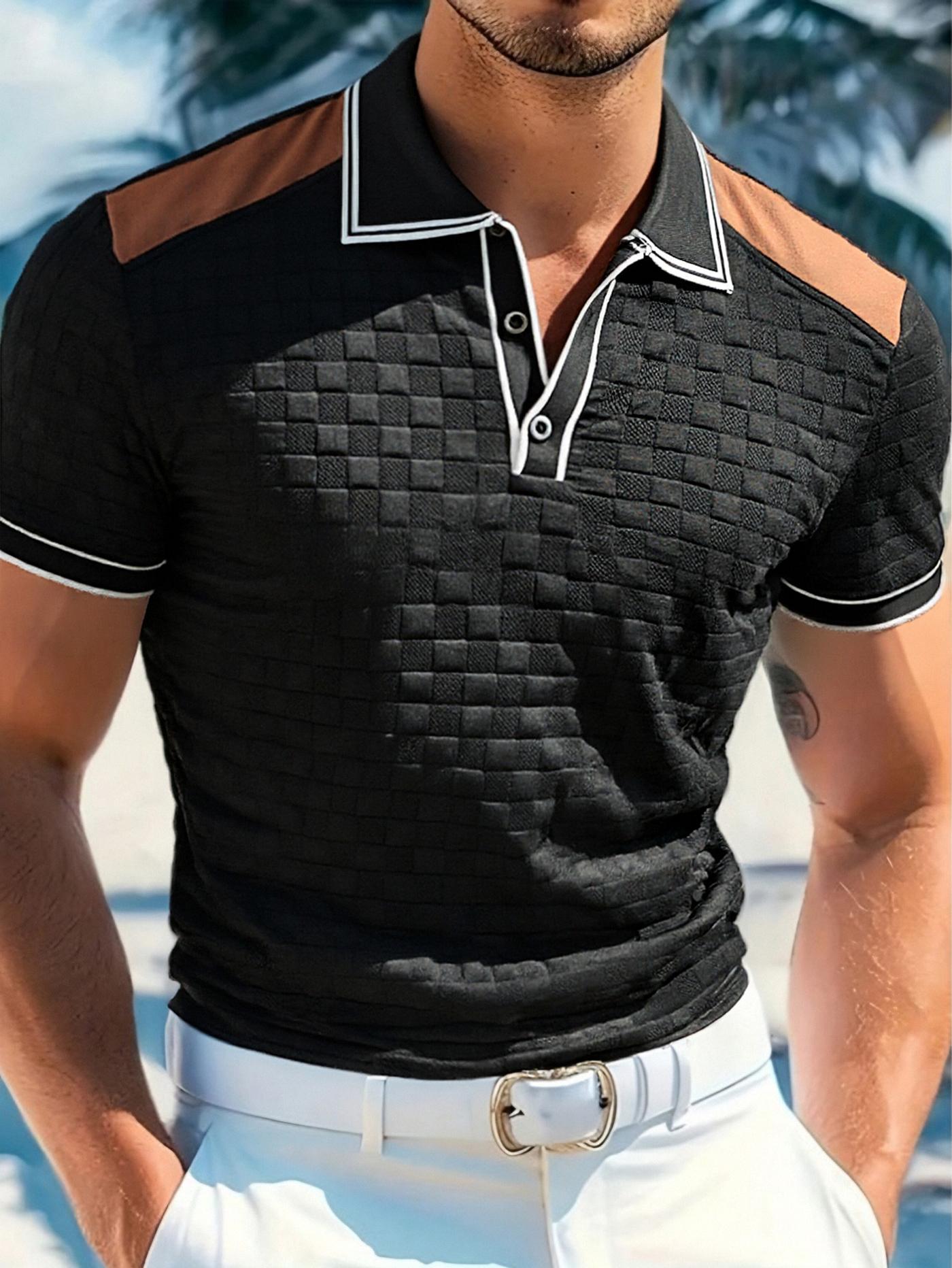 Men's Spring New Fashion Checkered Polo Shirt, Colorblock Design, Daily Commute Wear, 100% Polyester Fiber, Durable Fabric