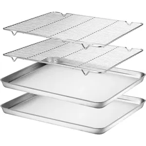 Baking Sheet & Rack Set [2 Sheets + 2 Racks], Stainless Steel Cookie Pan with Cooling Rack, Size 16 x 12 x 1 Inch, Non  & Heavy Duty & Easy Clean