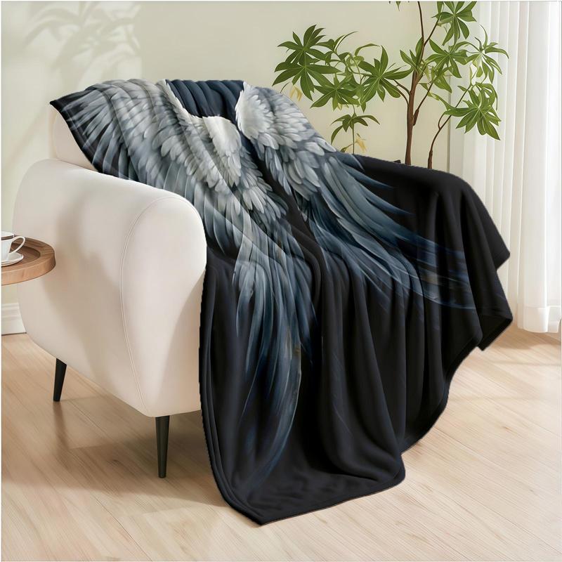 1 piece White angel wings beautiful feather design themed flannel blanket - Oversized fluffy warm sofa blanket, suitable for beds and sofas, modern geometric pattern design, all-season use, digital printing, 100% polyester material, machine
