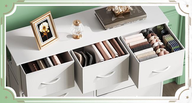 9-Drawer Dresser Organizer with Fabric Bins, Sturdy Steel Frame & Wood Top - Space-Saving Storage Tower for Bedroom, Closet, Hallway, Nursery - Easy Pull Handles, Modern White Design, Perfect for Home Organization