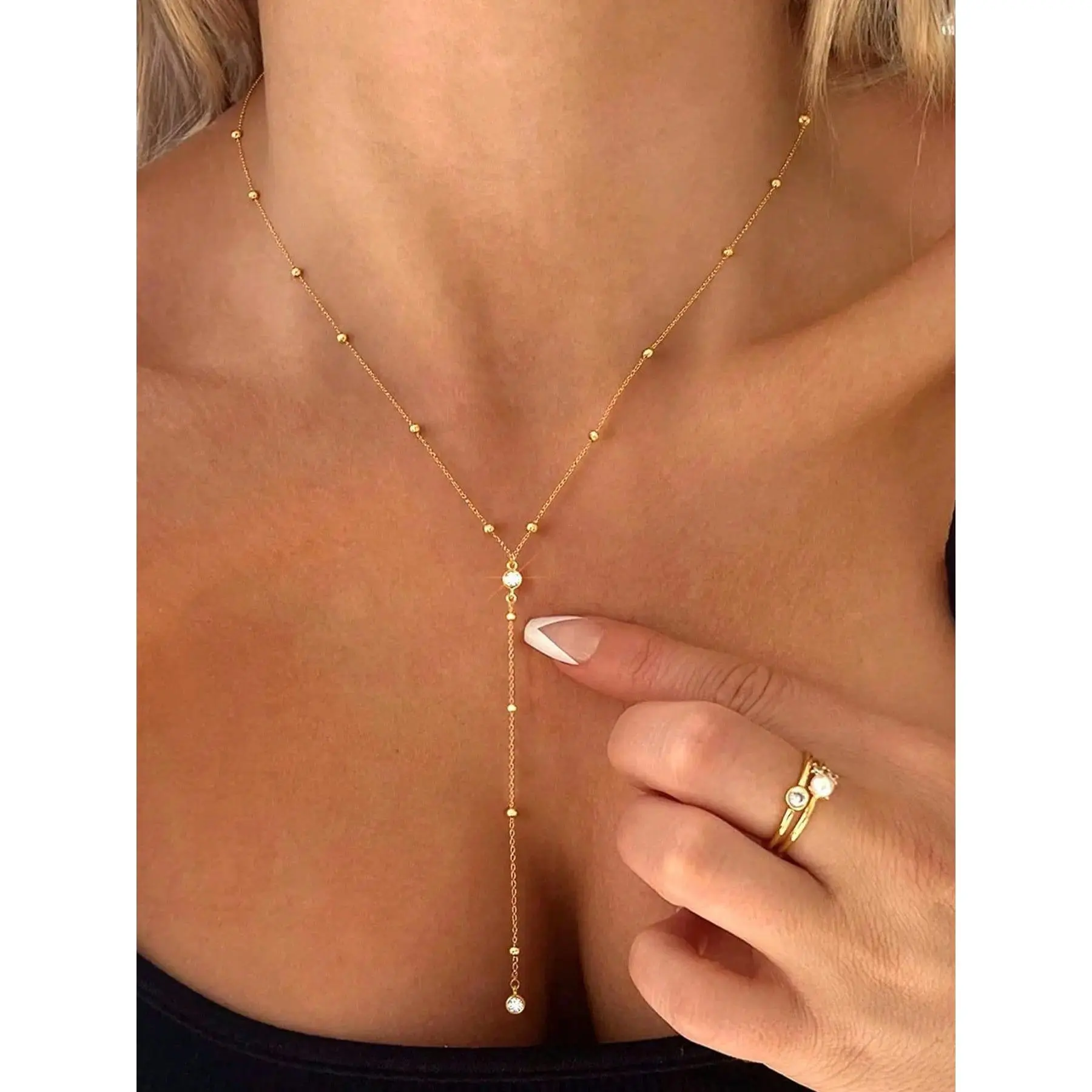 Viral Sparkling Y-Shaped Chain Necklace | Aesthetic Dainty Long Pendant Jewelry for Women | Elegant Neck-Elongating Statement Accessory | Versatile Lariat Chain for Beach Vacations, Glam Parties & Meaningful Gifts