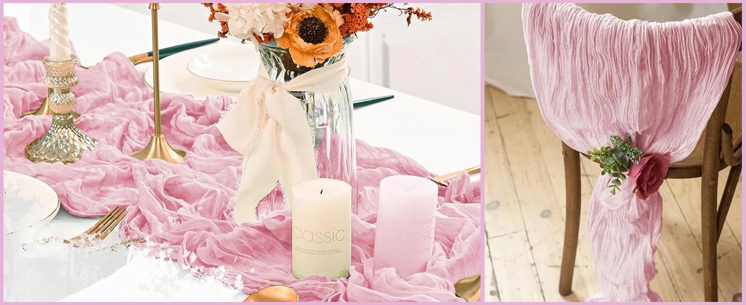 6 Pack Light Pink Cheesecloth Table Runner 23x120 inch Rustic Boho Gauze Table Runner 10 FT Long Sheer Cheese Cloth Fabric Table Runners for Romantic Wedding Bridal Shower Birthday Party Decor