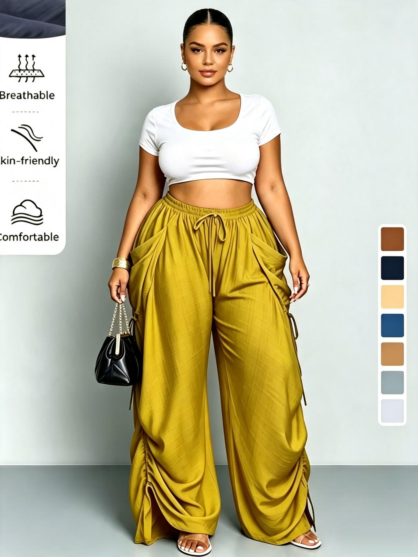 High-Waisted Drawstring Straight-Leg Pants for Women, Casual Comfortable Home Wear, Spring & Fall Fashion, Plain Pattern, Multiple Colors Available