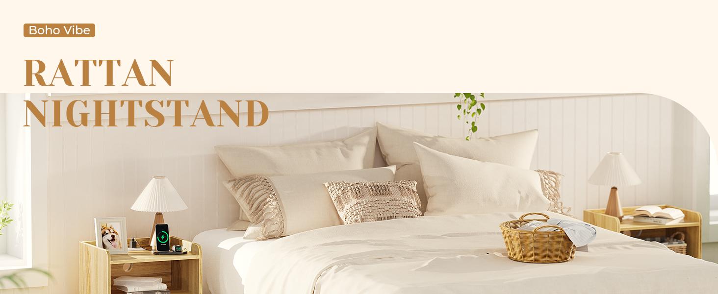 SUPERJARE Nightstands Set of 2, Night Stands with Charging Station & PE Rattan Decor Drawer, Bed Side Tables with Solid Wood Feet, End Table, for Bedroom, Living Room SUPERJARE Nightstands Set of 2, Night Stands with Charging Station & PE Rattan Decor Drawer, Bed Side Tables with Solid Wood Feet, End Table, for Bedroom, Living Room