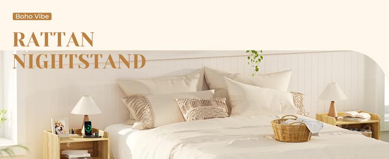 SUPERJARE Nightstands Set of 2, Night Stands with Charging Station & PE Rattan Decor Drawer, Bed Side Tables with Solid Wood Feet, End Table, for Bedroom, Living Room