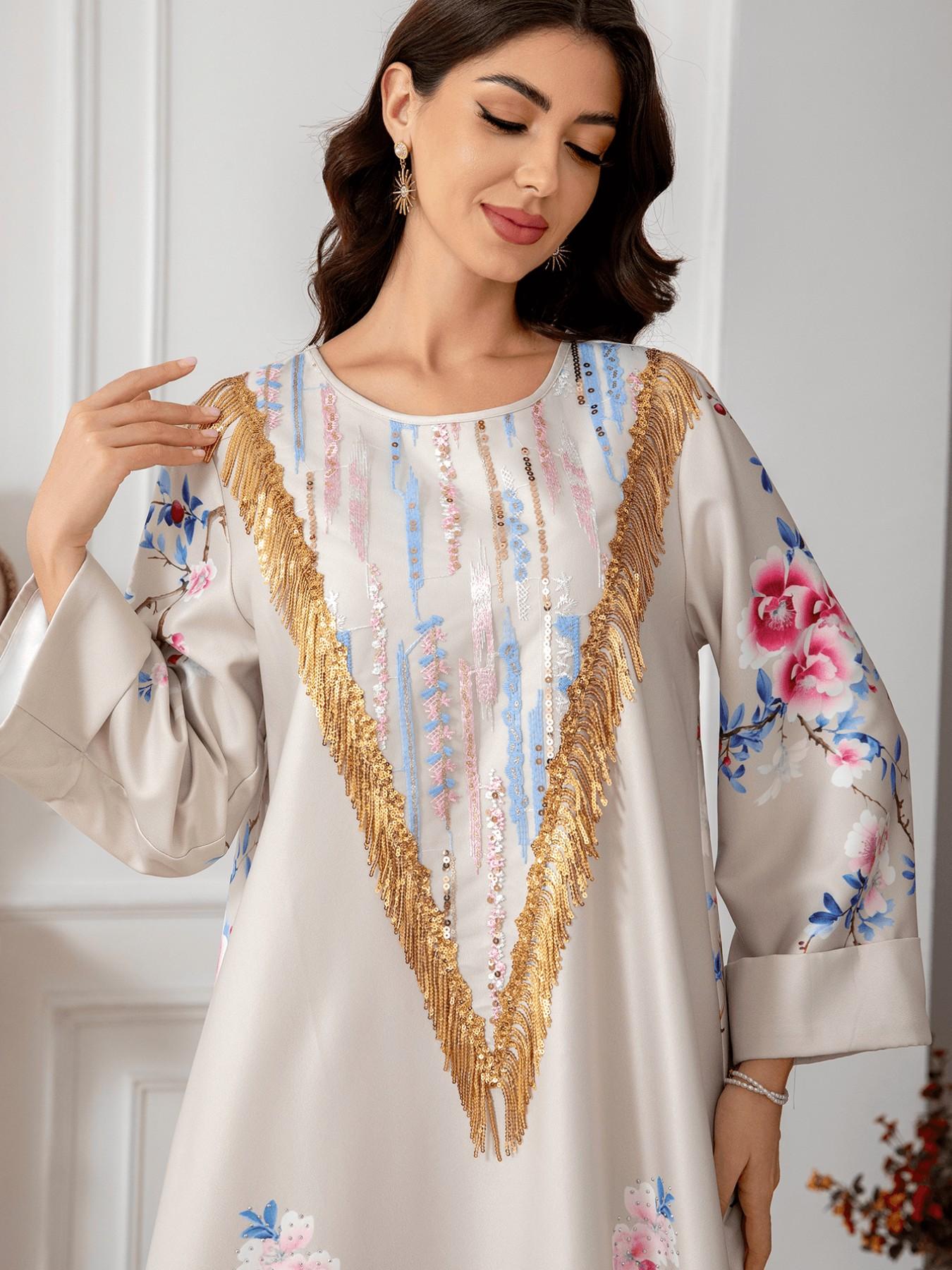 Cross - border Muslim Middle Eastern women's printed long dresses, foreign trade dresses, evening gowns with sequins