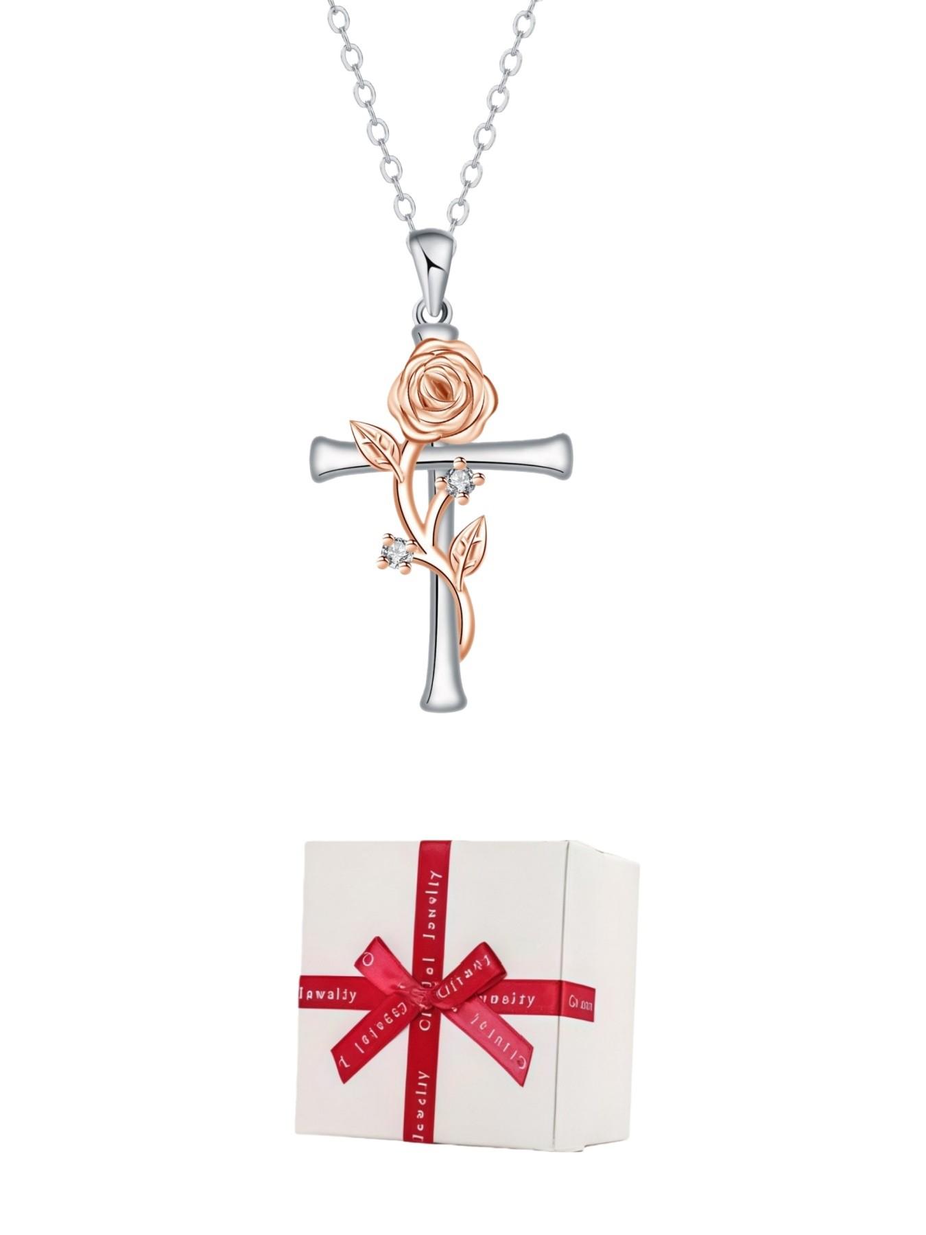 Blazing Rose Vow · Silver Rose Premium and stylish rose & cross necklace, elegant and fashionable.Paired with a surprise double-door preserved rose jewelry gift box.Ideal gift for birthdays, Mother’s Day and Valentine’s Day.