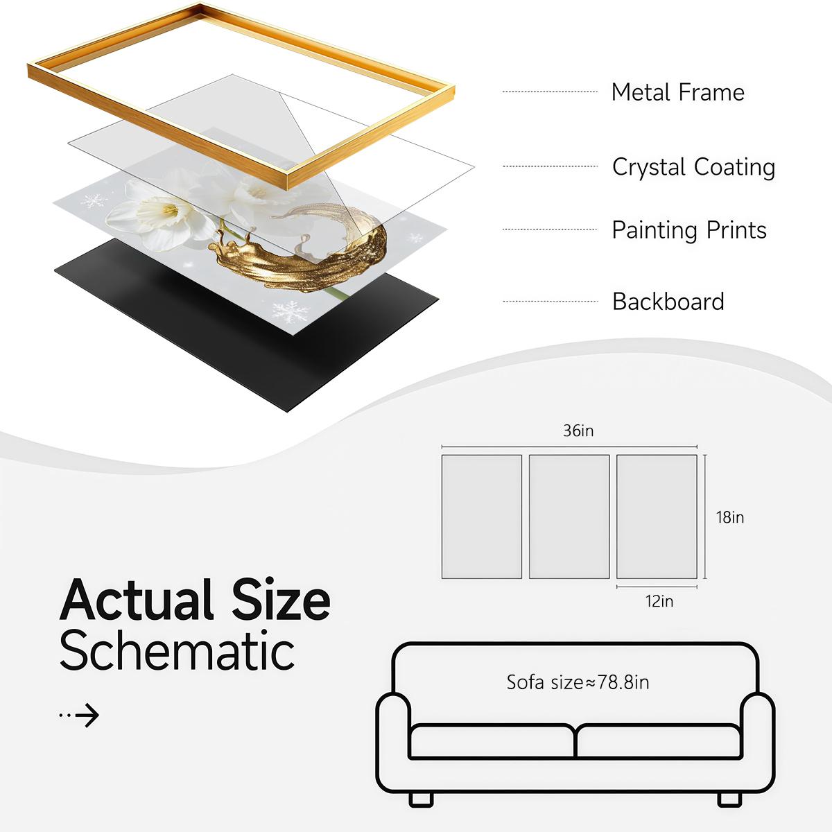 3 Counts Aluminum Alloy Framed Painting, White Daffodil Gold Splash Art Pictures, Home Decoration For Living Room, Bedroom, Office, Restaurant, Hallway Wall Decor, Odorless Print Artwork, Luxury Perfect Gift For Friends And Family