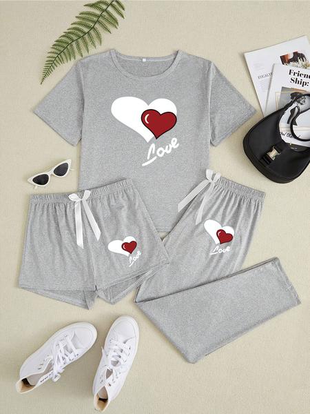 Women's Heart Print Pajama Set, Casual Fitted Sleepwear, All-Season Comfortable Nightwear, Three-Piece for Women, Loungewear