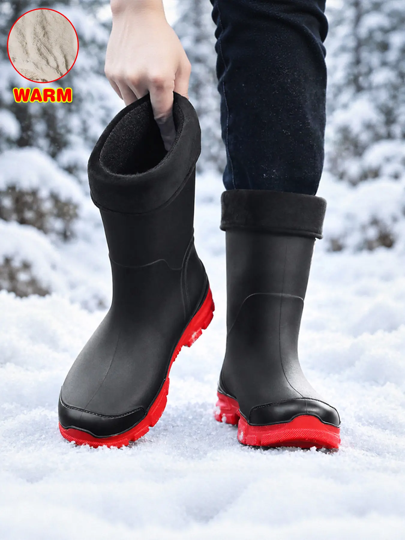 Men's Winter Warm Rain Boots, Thick Lining, Detachable Cotton Pads, Waterproof, Non-Slip, Large Sizes, Outdoor Use, Fishing, Commuting, Footwear