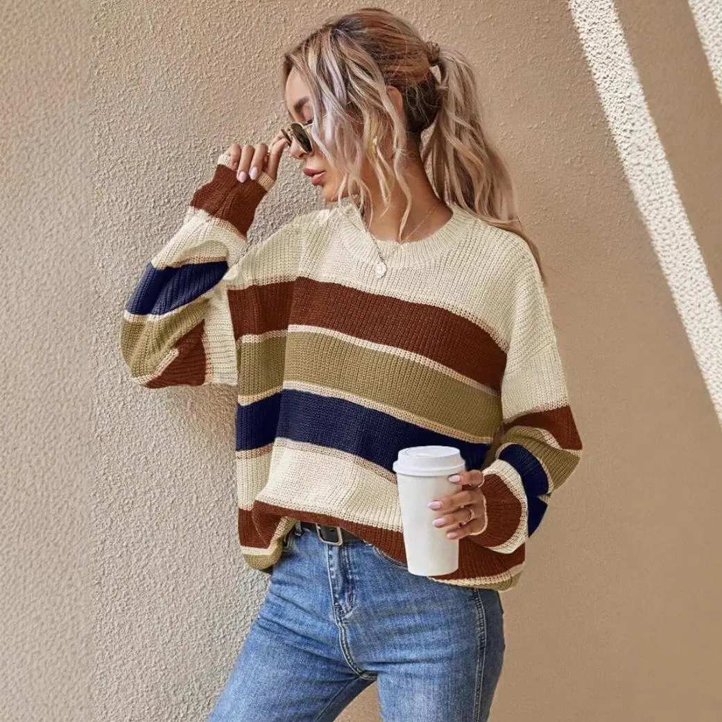 BIGWIG women's colorblock striped print drop shoulder sweater, autumn and winter casual long-sleeved round neck pullover, fashionable women's daily sweater, loose striped pullover, elegant women's knitted sweater, regular top