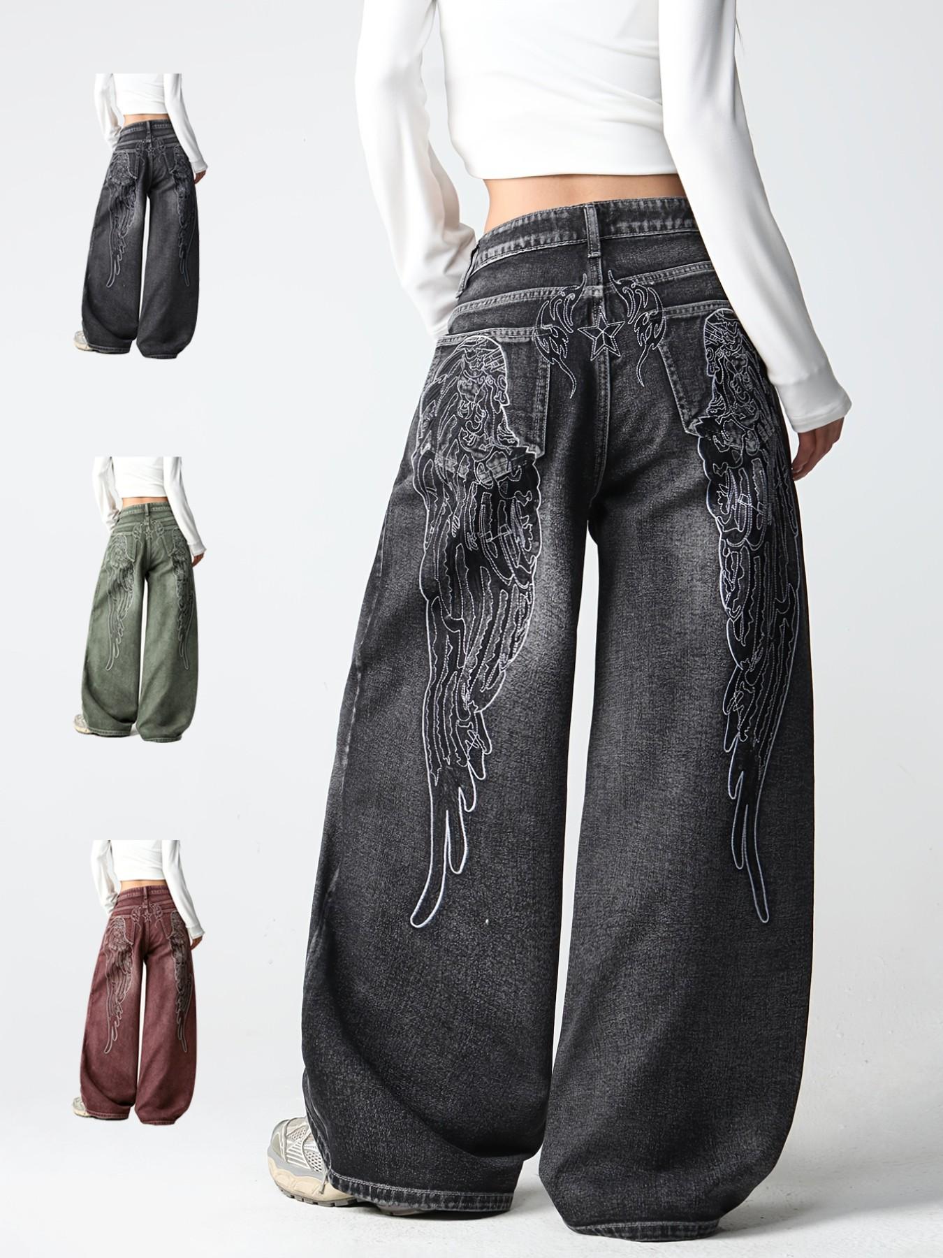 Vintage Creative Wing Embroidery Women's High Waist Baggy Denim Jeans, Casual Jeans Pants, Fashionable Trendy Streetwear Versatile Slimming Wide Leg Long Pants