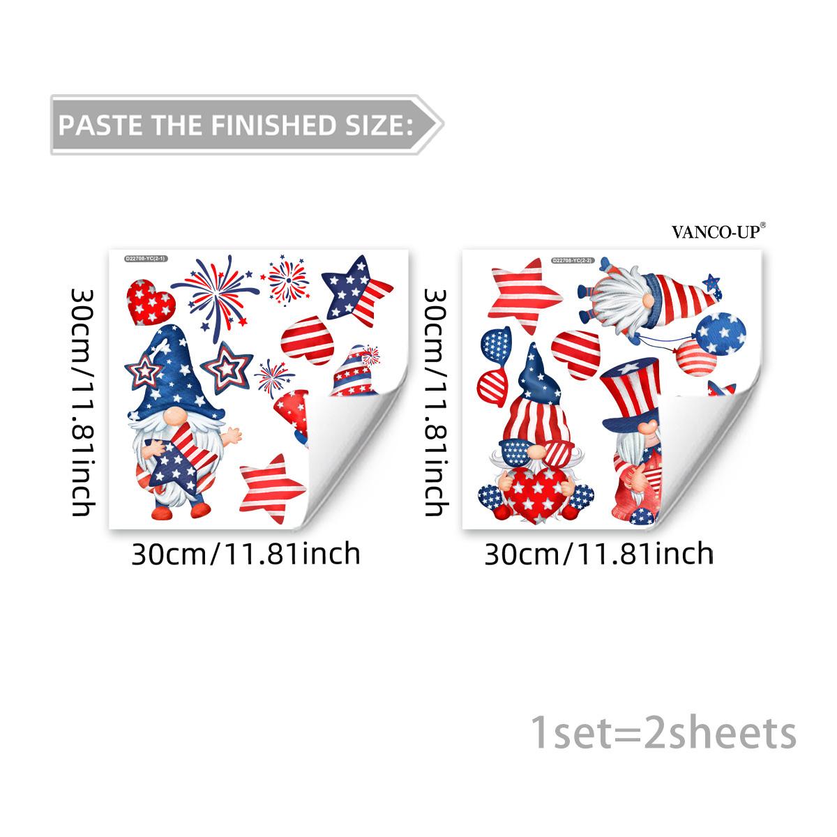 Set of 2 Pcs 30×30cm Independence Day Cartoon Stars & Stripes Gnome Double-Layer Static Window Clings for Bedroom Kids Room Glass Festival Decor