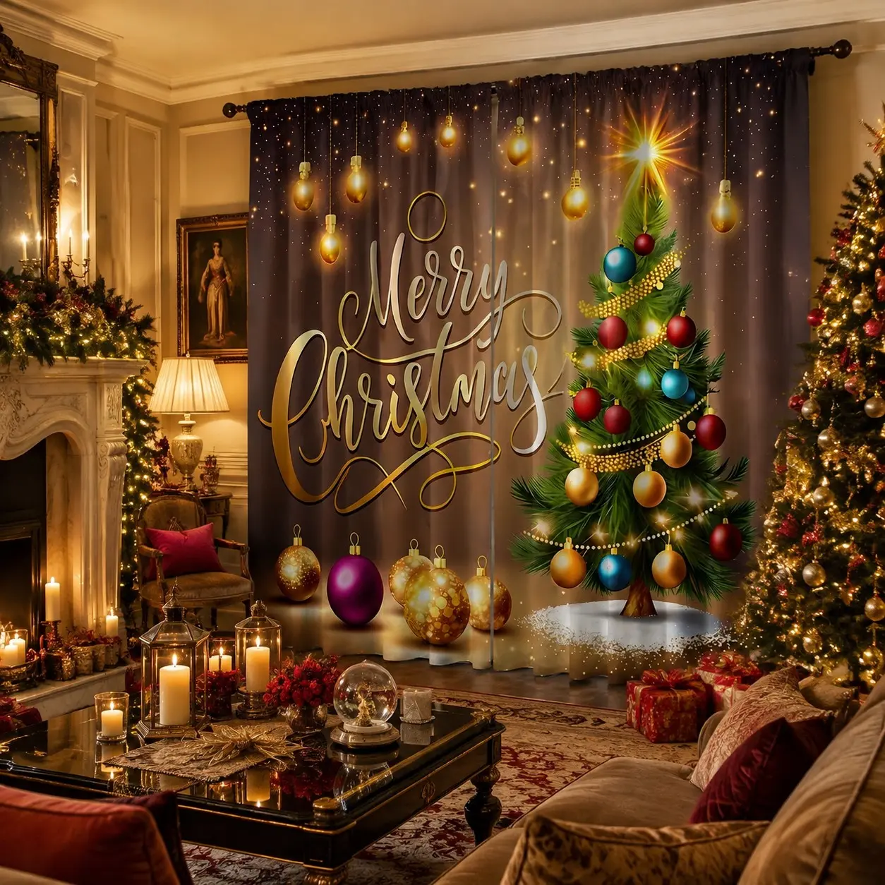 2 Piece Christmas Tree Festival Decor Curtains, Polyester Material, Semi-Sheer, Home Decoration for Kitchen, Dorm, Living Room, Bedroom